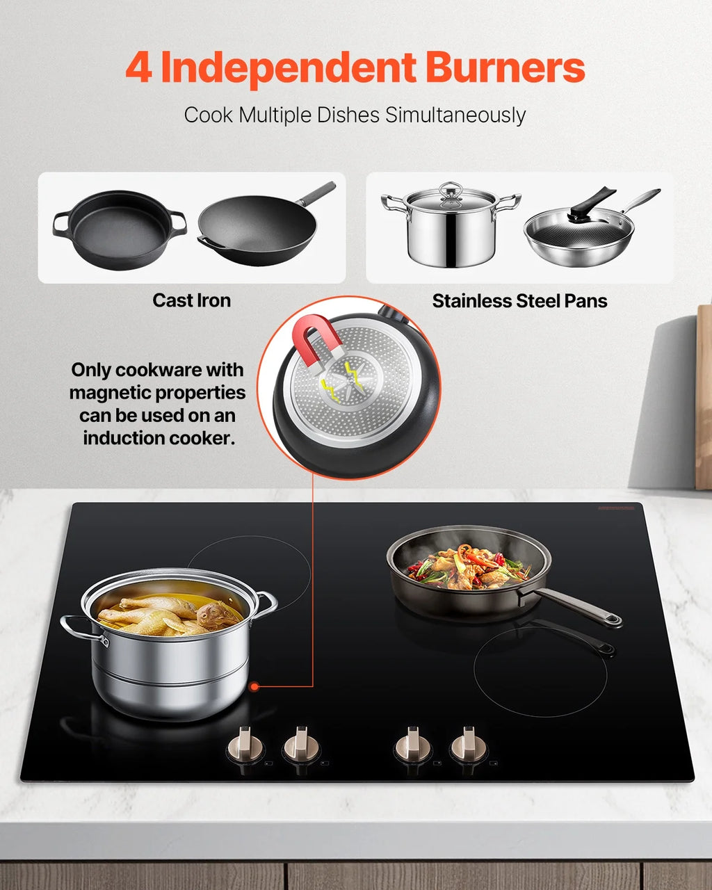 KFFKFF Induction Stove, 6600W 5 Burner Built-in Electric Cooktops, with Knob Control, 12 Heat Settings, Glass Top, Automatic Power Off