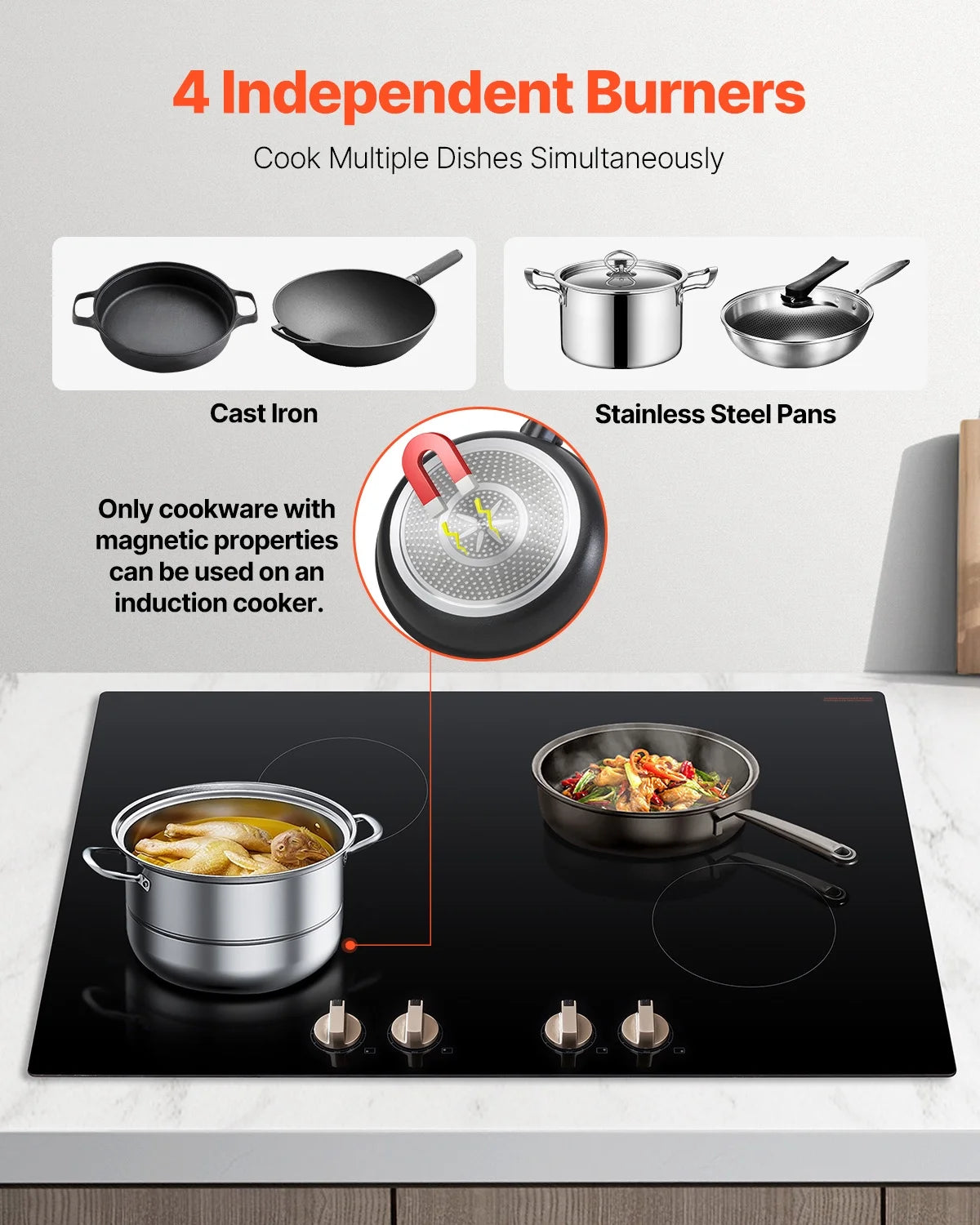 KFFKFF Induction Stove, 6600W 5 Burner Built-in Electric Cooktops, with Knob Control, 12 Heat Settings, Glass Top, Automatic Power Off