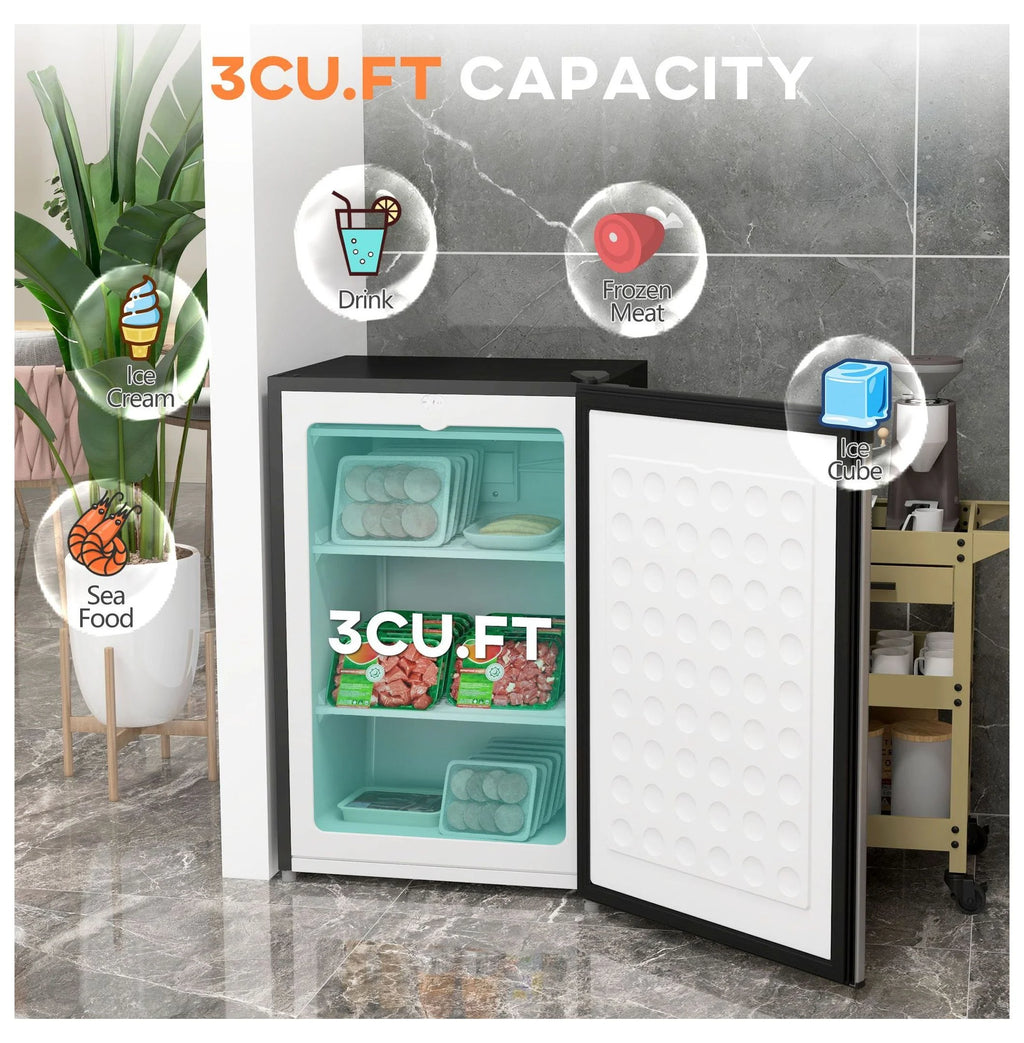 Compact Upright Freezer 3 Cu Ft - Adjustable Thermostat, Reversible Door, Mini Freezer for Apartment, Dorm, Office - Silver
