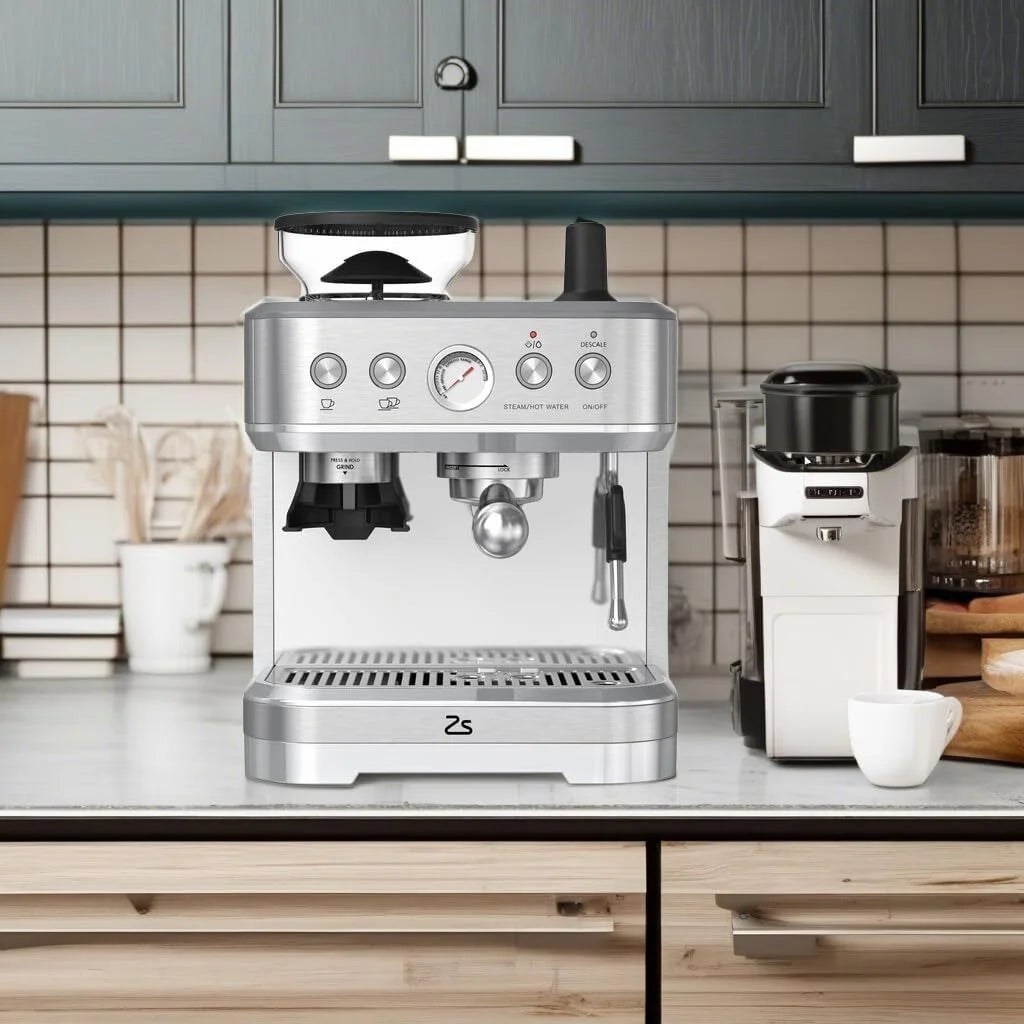 Espresso Machine with Built-in Grinder,Italian ULKA 15 Bar Espresso Machine - 85oz Water Tank, Dual PID Control, Milk Frother & Auto-Cleaning for Perfect Lattes and Cappuccinos