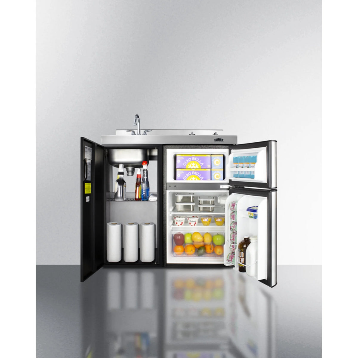 36" wide all-in-one kitchenette with 2-burner 115V smooth-top cooktop, refrigerator-freezer, sink, and storage cabinet