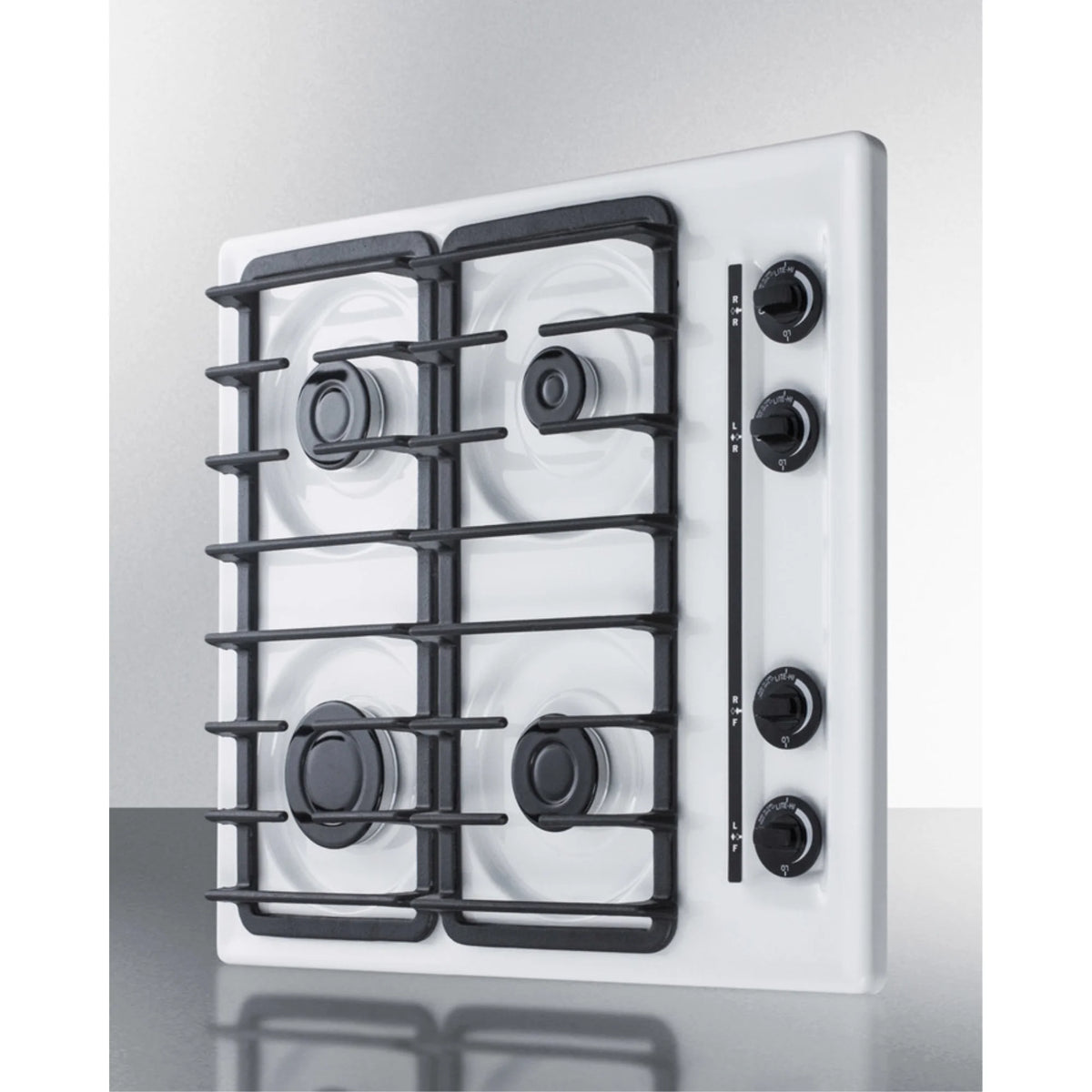 24" wide gas cooktop with four sealed burners, white porcelain surface, and cast iron grates; made in the USA