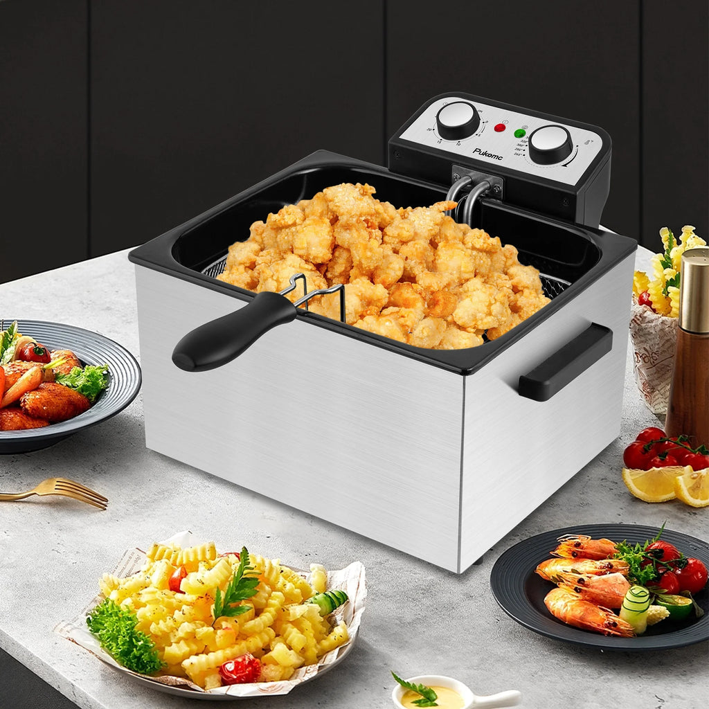 SUSTEAS 5.3 Qt Electric Deep Fryer with 3-Baskets for Home, 1800W, Timer & Temp Control, Stainless Steel & Black