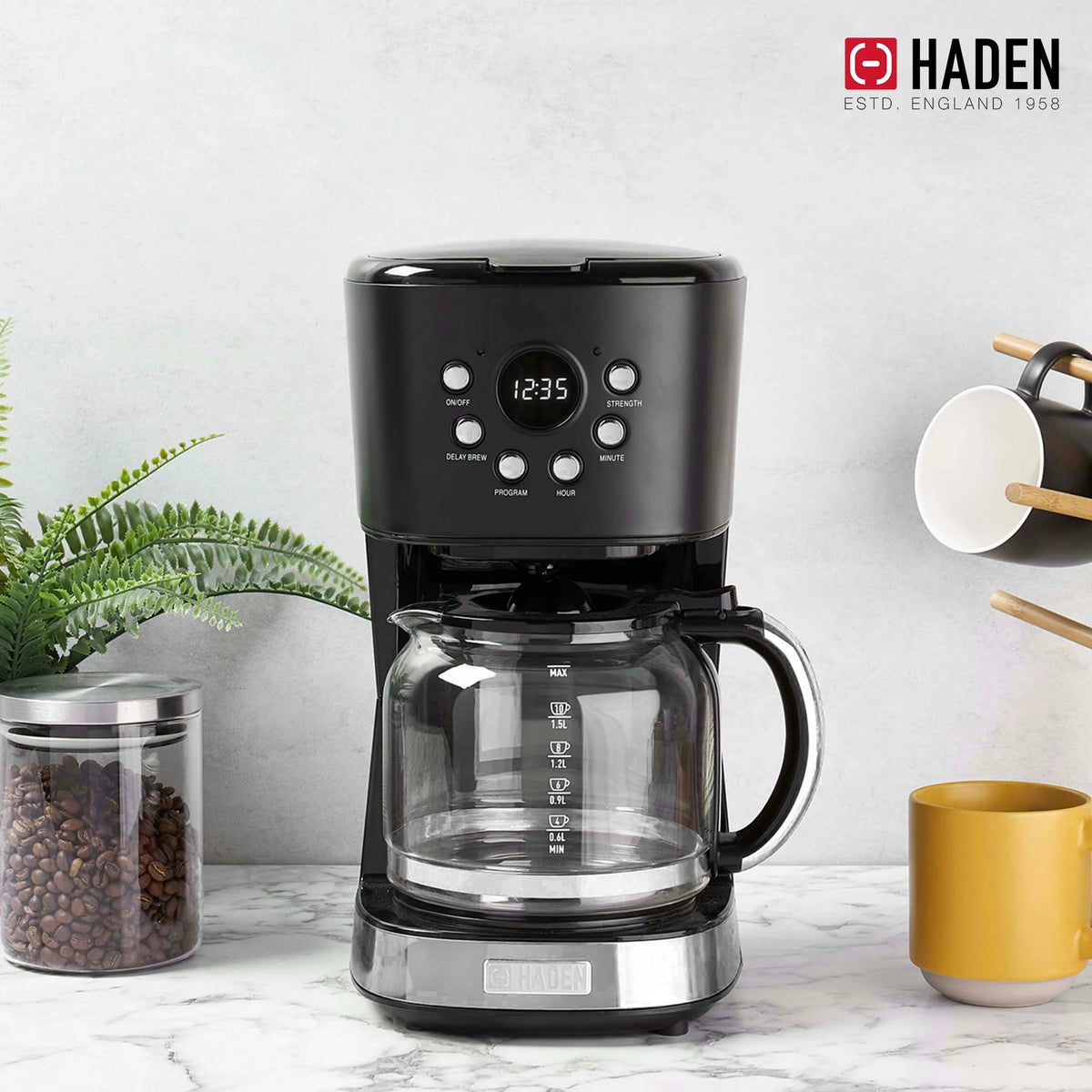Haden Coffee Maker & Heritage 1.7 Liter Electric Kettle, Black & Chrome