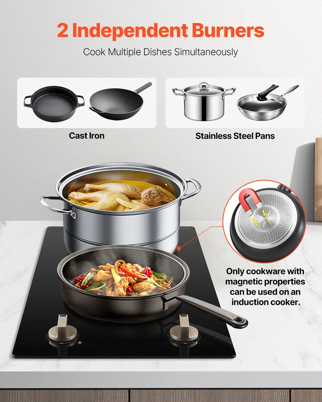 KFFKFF 12 Inch Induction Stove, 1800W 2 Burner Electric Cooktop Built-in Stove top with Knob-Controlled, 12 Heat Levels, Glass Top, Automatic Power-Off