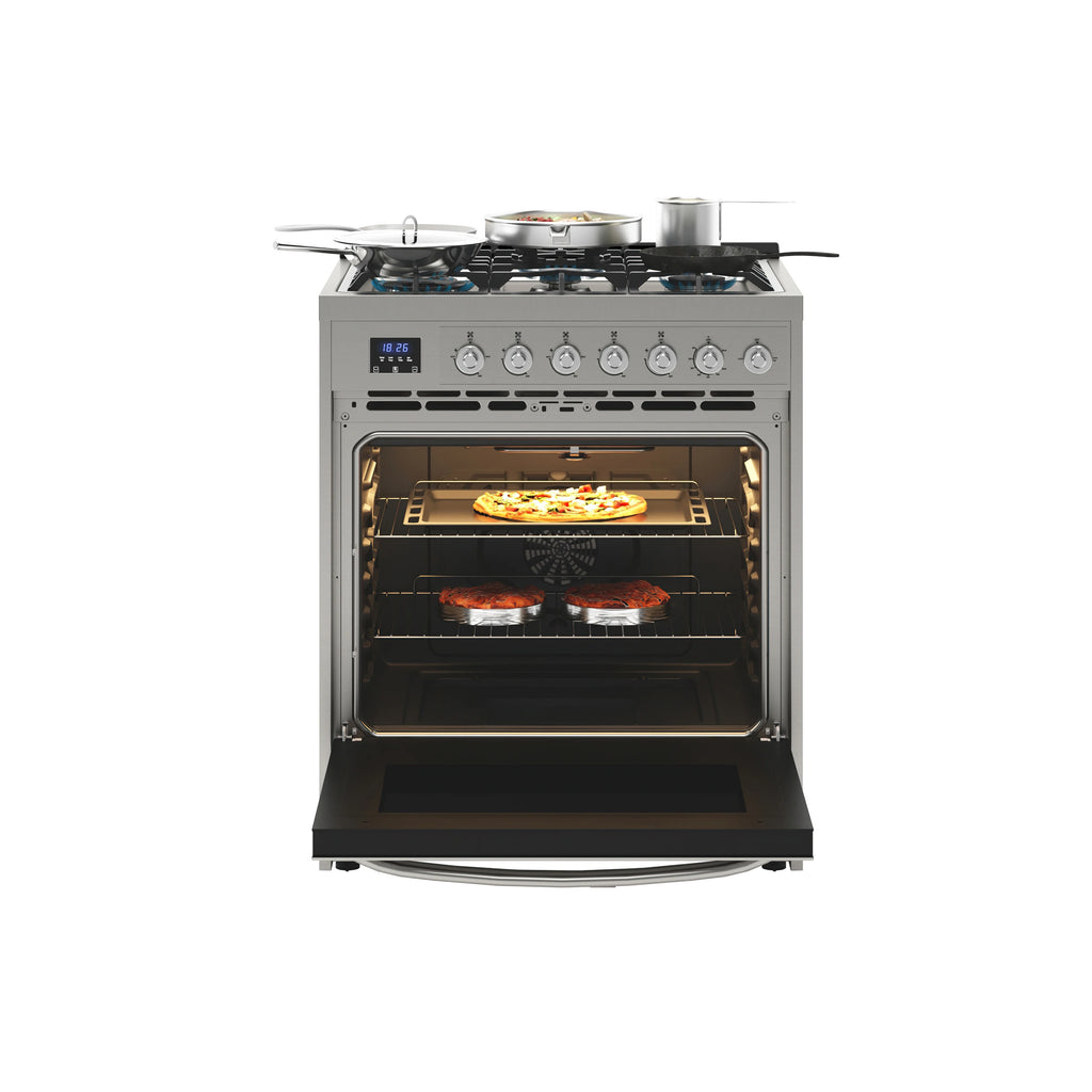 30�� Inch Professional Gas Range Stove with 5 Burner Cooktop, Rapid Convection Oven, and Digital Timer with Heavy-Duty Cast Iron Grates, Stainless-Steel Appliance, Silver