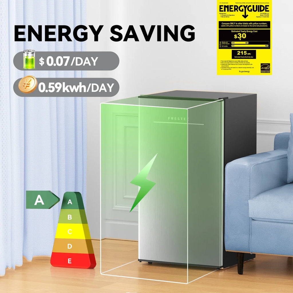 Frestec 3.2 Cu ft One Door Mini Fridge, Estar, Stainless Steel Look, New