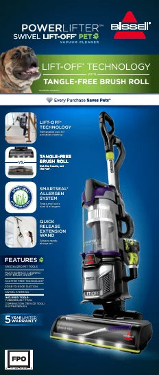 BISSELL Upright Vacuum, PowerLifter Swivel Lift-Off Pet, Pet Friendly, Powerful Suction, Tangle-Free Brush Roll, SMARTSEAL Allergen System, Hard Floor and Carpet, TurboBrush Pet Tool, 2920F, Grey