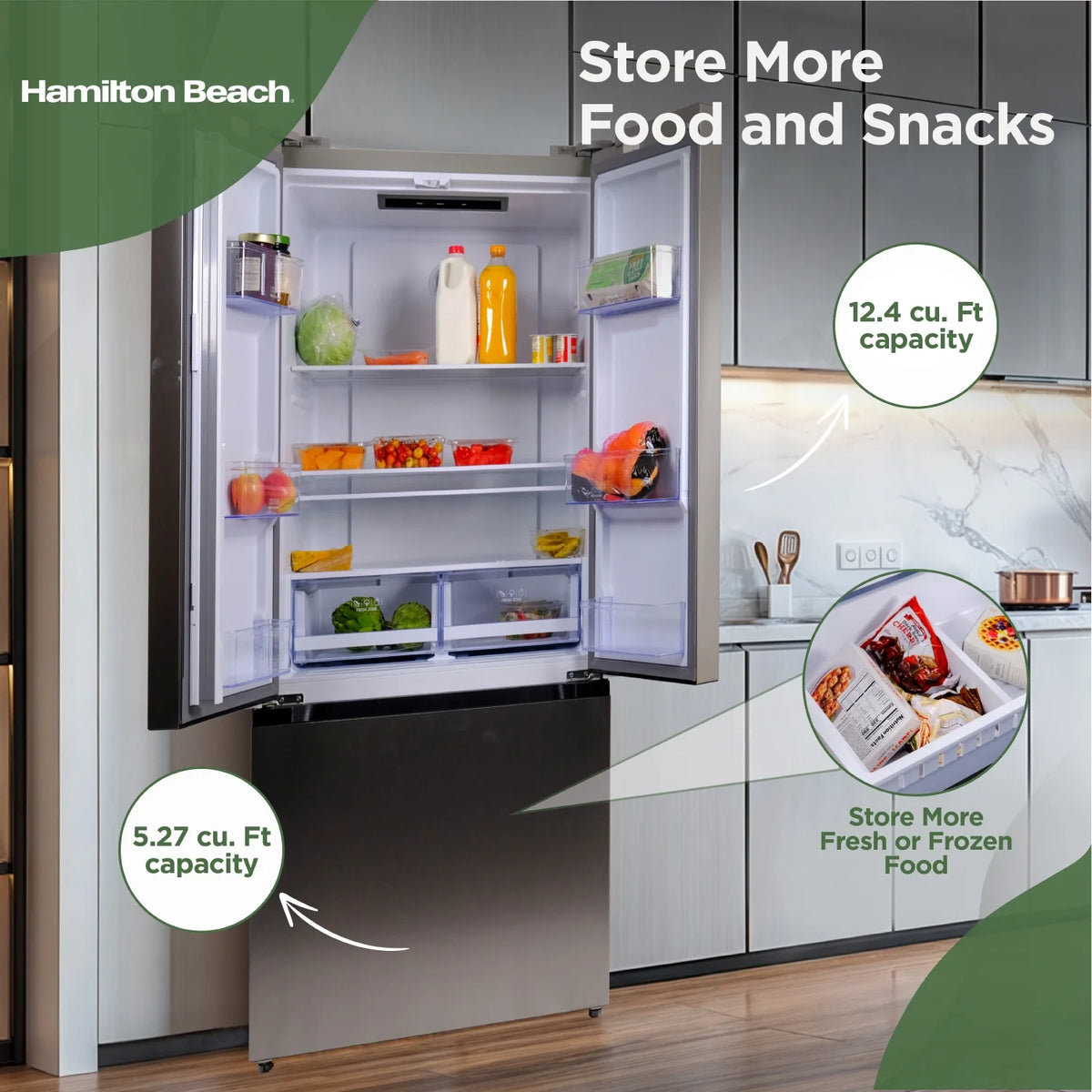 Hamilton Beach, 17.7 Cu. Ft. French Door Refrigerator, Freestanding Installation, Platinum Silver, HZ0771