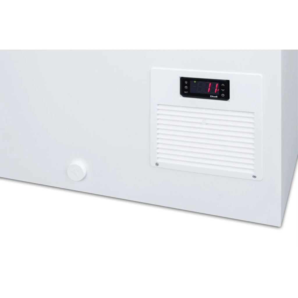 Flat top commercial ice cream freezer with sliding glass lid, digital thermostat, and novelty baskets