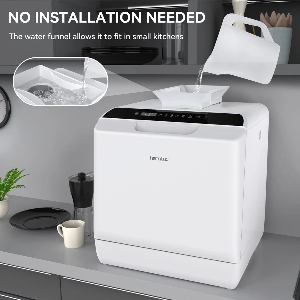 Hermitlux Portable Countertop Dishwasher, 5 Washing Programs, 5L Built-in Water Tank and Air-Dry Function, HMX-DW03