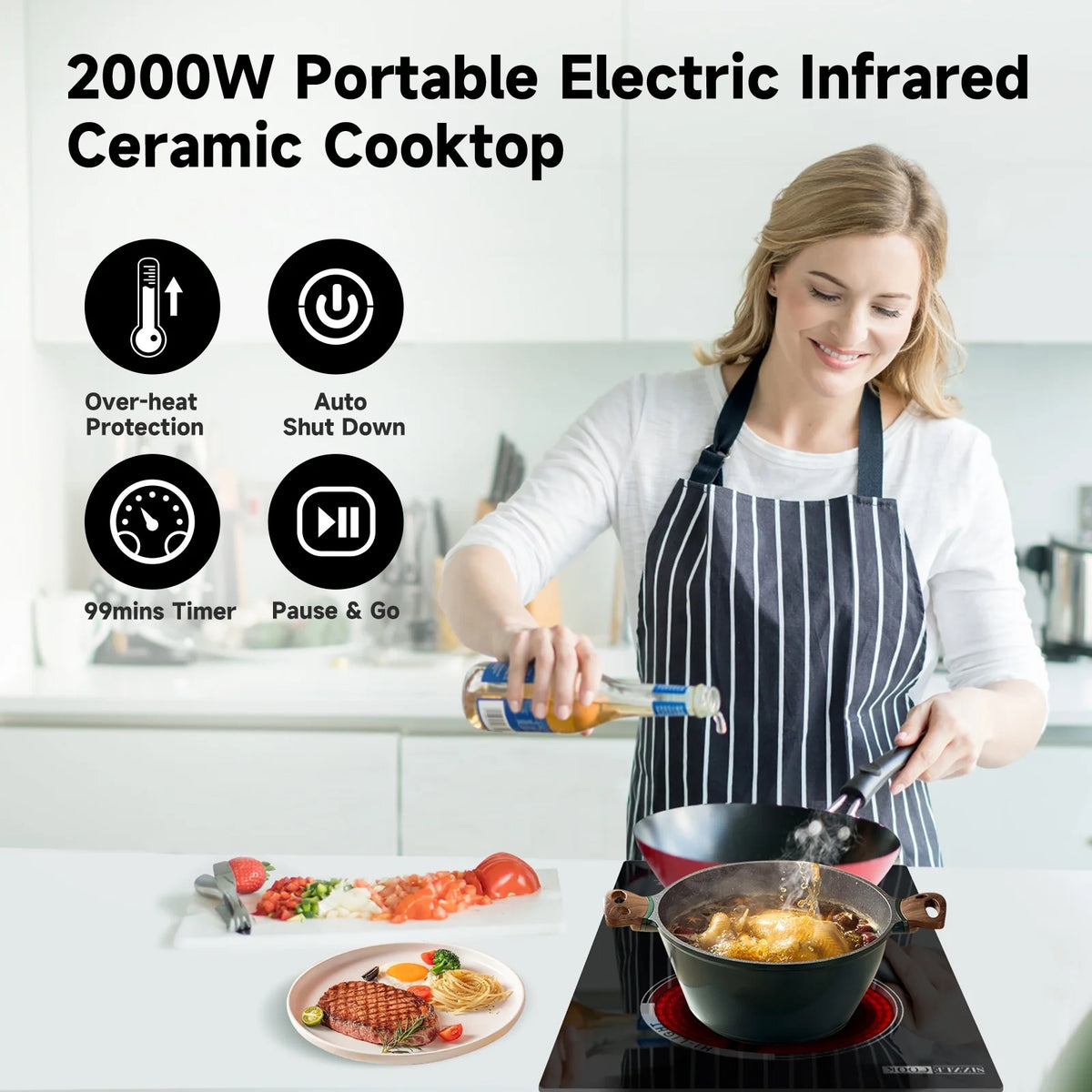 SizzleCook 2 Burner Electric Cooktop 110V Plug In, Countertop & Built-in Ceramic Stove Top, 12 inch Portable Infrared Double Burner Electric Stovetop with Outlet Plug, Child Safety Lock?