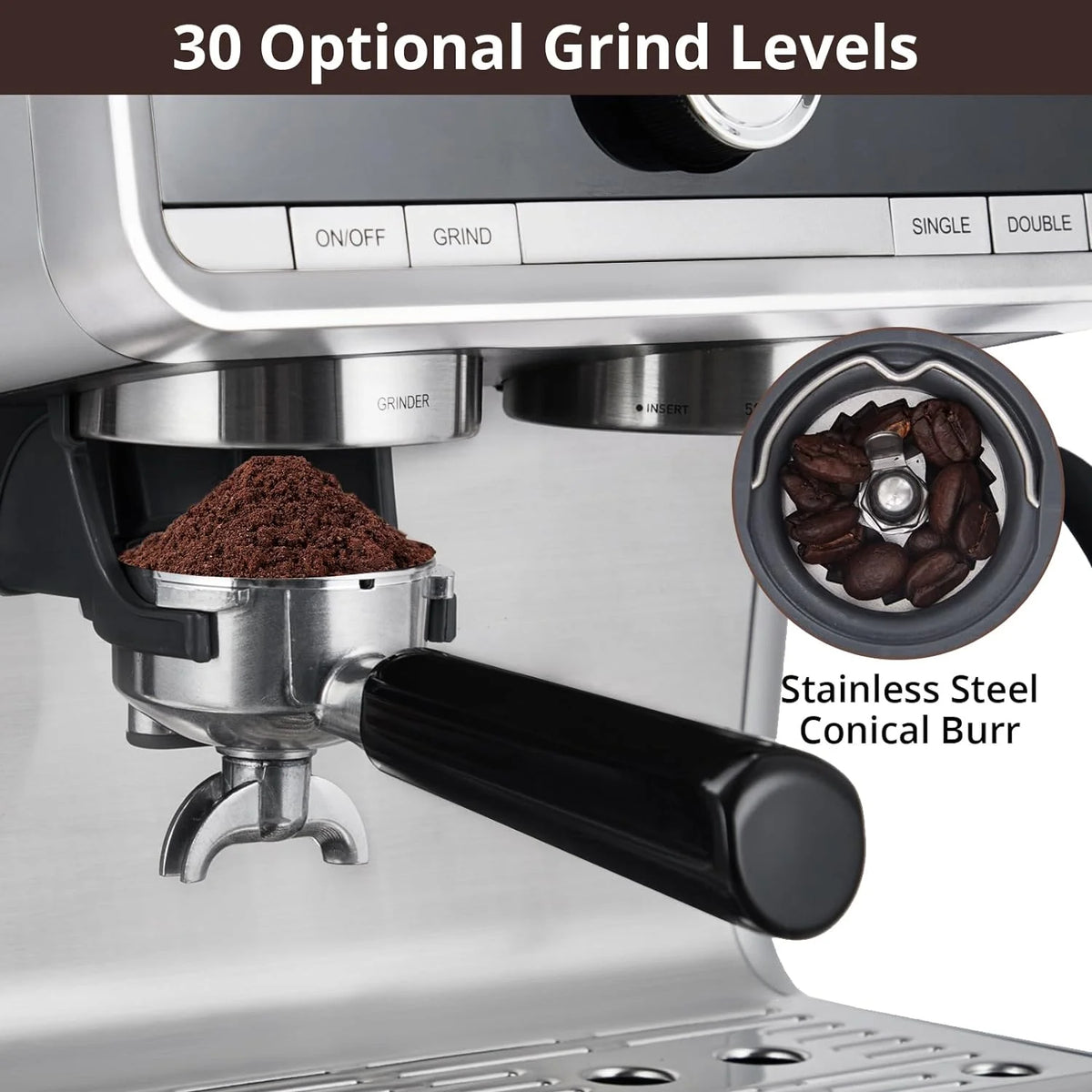 COZONY Espresso Machine 15 Bar, 2.5 L Water Tank, Semi Automatic Coffee Maker with Grinder, Milk Frother/Steam Wand, Italian Pump, All-in-One Espresso Machine, Stainless Steel, Silver