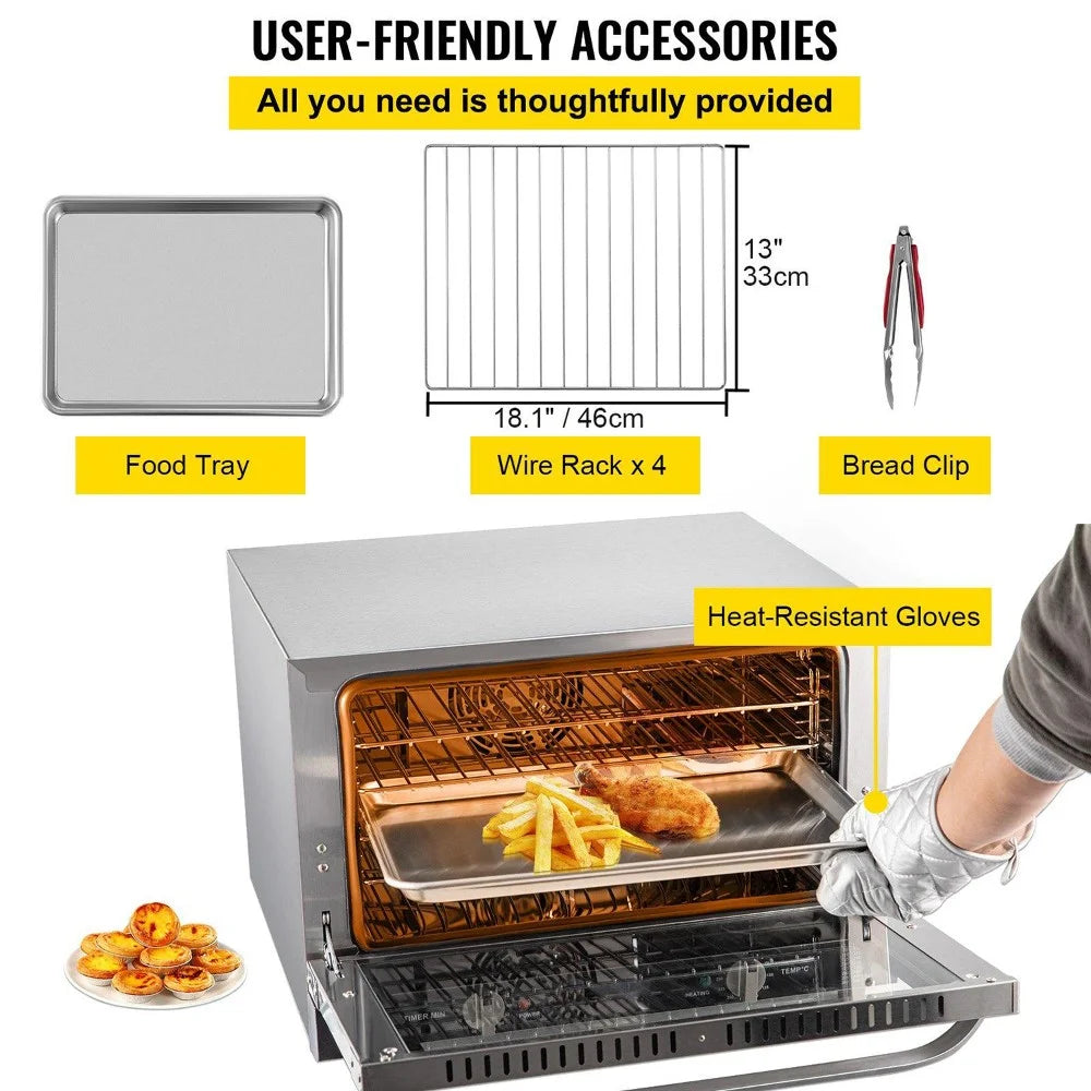 Choco Moon ETL 1600W Compact Convection Oven 47L/43Qt Countertop Half-Size 4-Tier Toaster Glass Door Electric Baking Trays Racks Gloves Inc 120V Commercial Use
