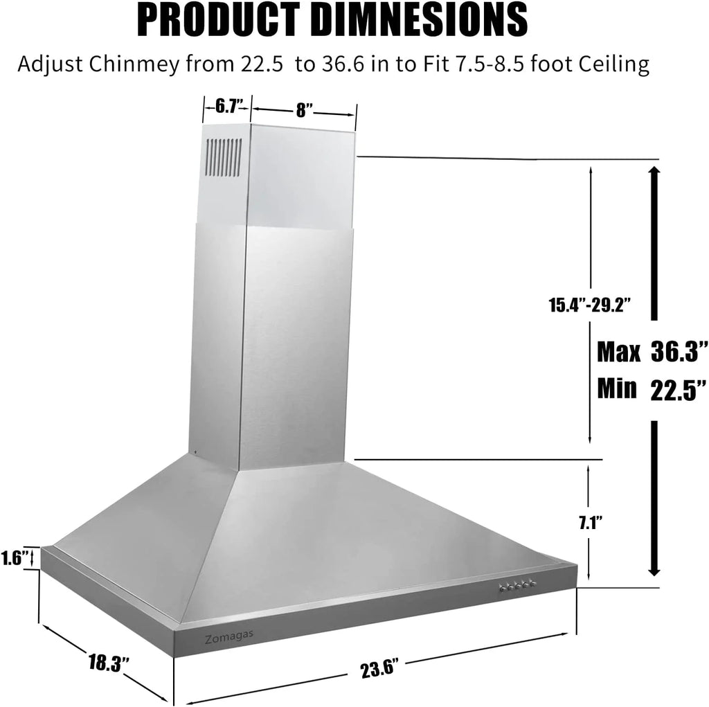Zomagas 24 inch Wall Mount Range Hood 450CFM Exhaust Vent Stainless with Dishwasher Clean Filter 120V