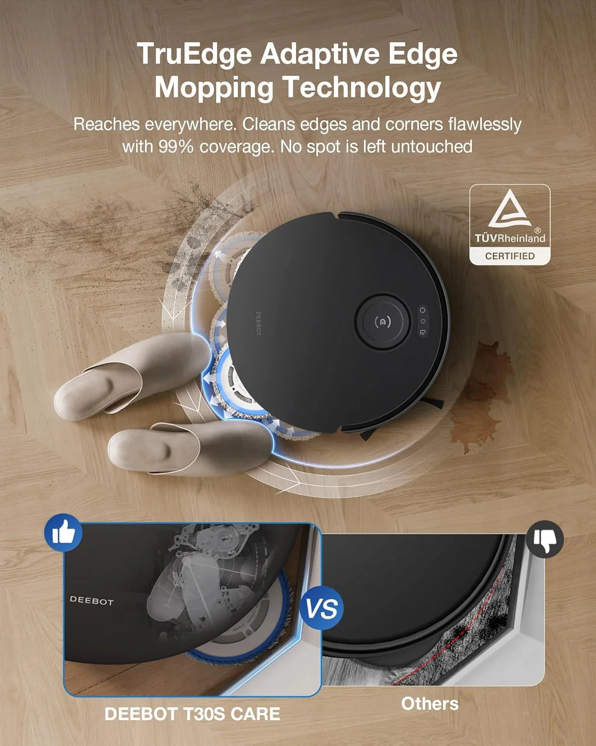 ECOVACS DEEBOT T30S Care Robot Vacuum & Mop - 11000Pa, ZeroTangle, TruEdge Mopping, Self-Emptying, Auto-Mop Lifting