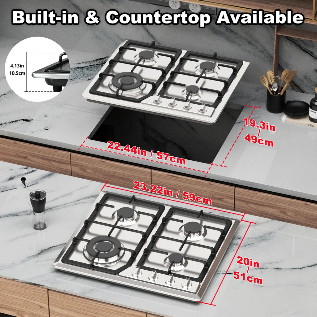 Graceall Gas Stove 24inch Gas Cooktop, NG/LPG Convertible Gas 4 Burners for Propane Gas, Neutral Gas (Pre-installed Propane Nozzles)
