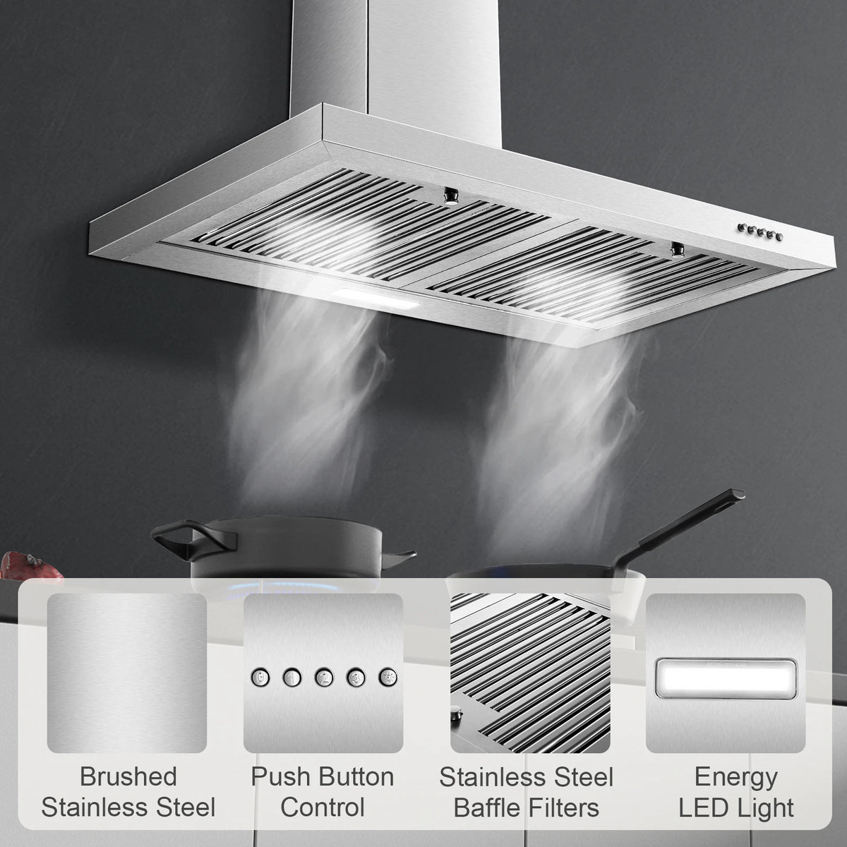 Range Hood 30 inch 450 CFM Wall Mount Range Hood with Baffle Filters 3 Speed Fan Vent Hood