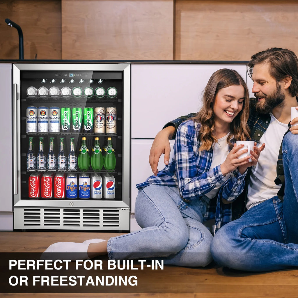 QAUSOU 24 Inch Under Counter Double Drawer Fridge, Weather Proof Stainless Steel Outdoor Beverage Refrigerator for Patio