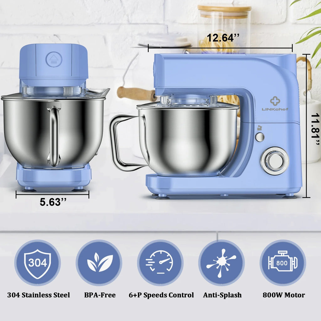 LINKChef Stand Mixer, 5.3QT 800W 6+P Speeds with Whisk, Dough Hook and Beater (White)