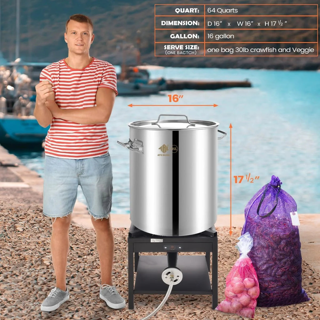 64QT Stainless Steel Seafood Boiling Turkey Fryer Kit with Strainer and Propane Stove with 200,000BTU and 36" Large Spoon (Stockpot+Stove+Large Spoon)