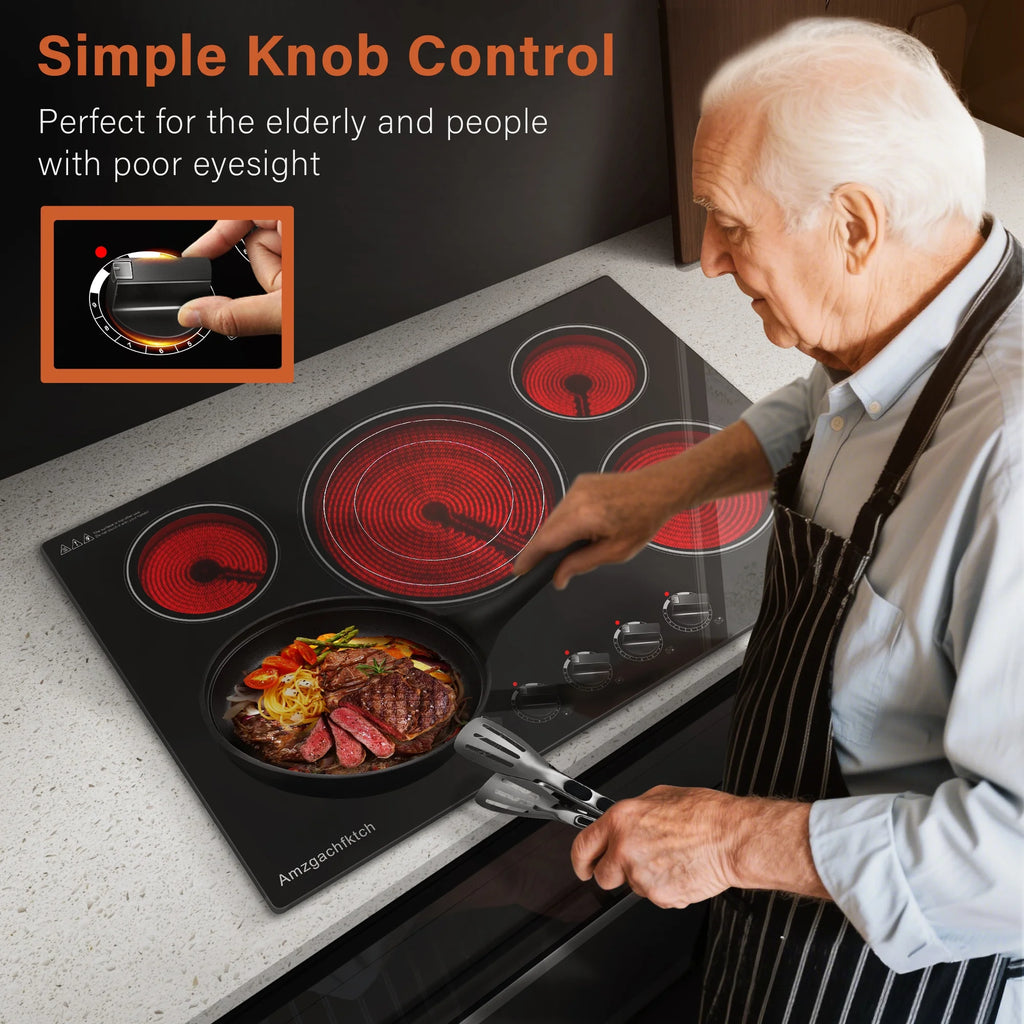 30in 5-Burner Built-In Electric Cooktop 9000W, Knob Control Ceramic Stove Easy Clean, No Radiation Family-Safe