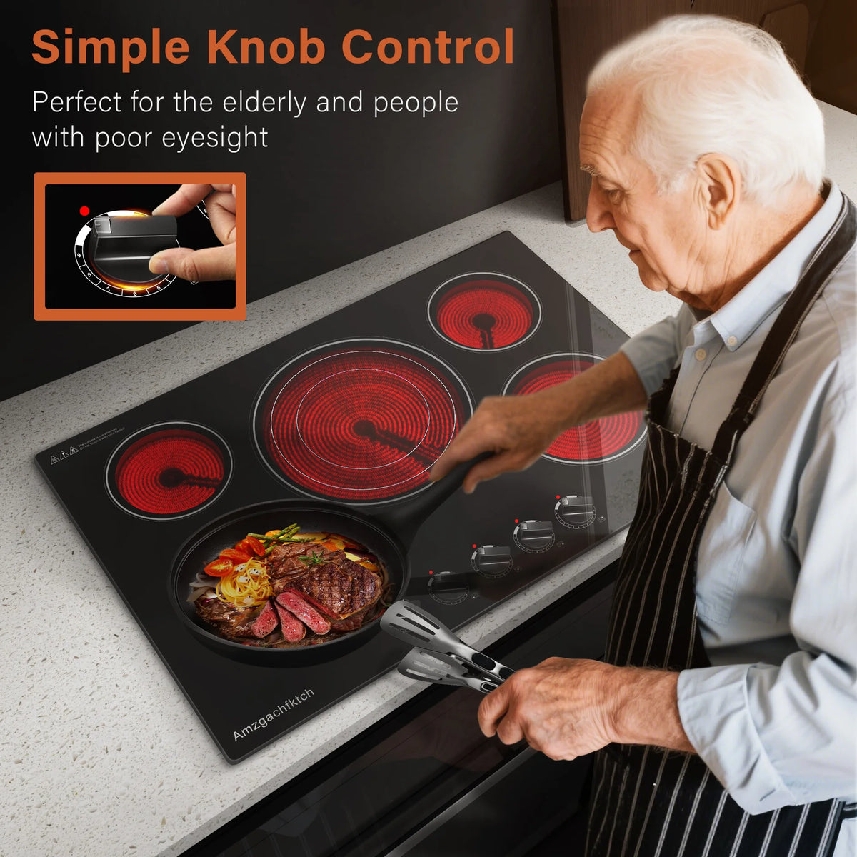 30in 5-Burner Built-In Electric Cooktop 9000W, Knob Control Ceramic Stove Easy Clean, No Radiation Family-Safe