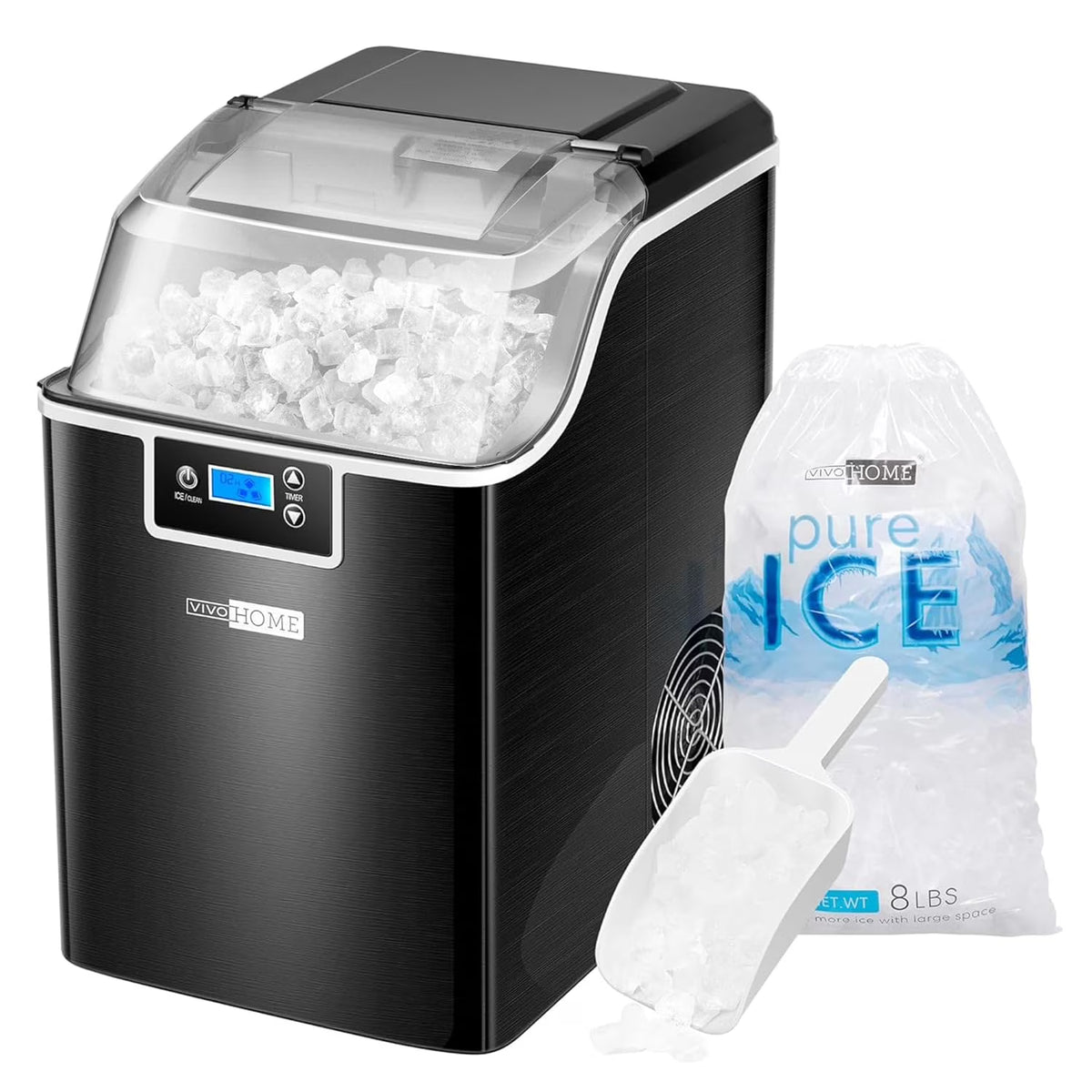 SPECSTAR Nugget Ice Maker Machine, Countertop Ice Maker with Hand Scoop 10 Ice Bags and Self Cleaning Function 44lbs/Day, Silver