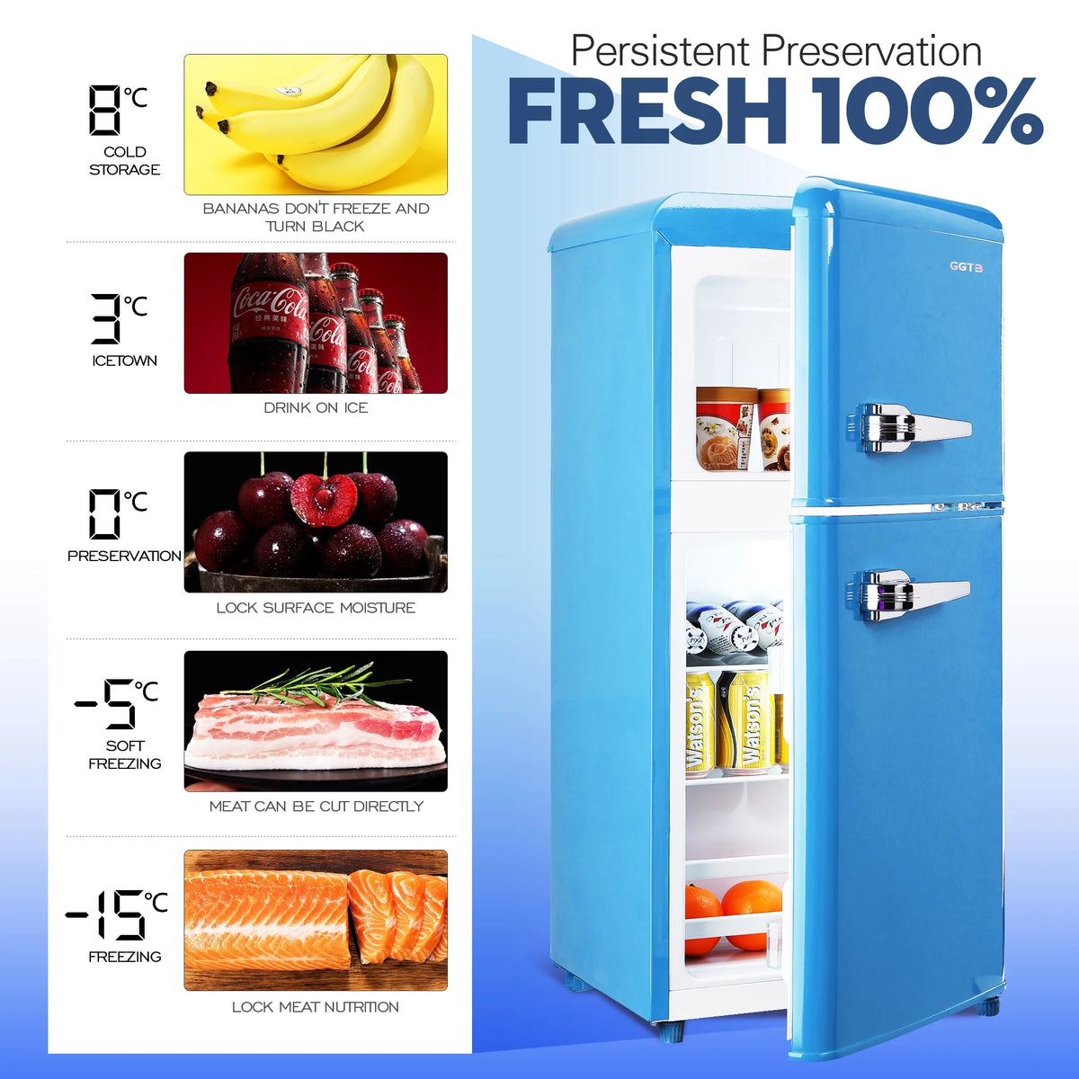 GGTB 3.0 Cu.Ft Two Door Small Refrigerator with Freezer, Compact Retro Small Refrigerator for Dorm, Office, Bar, RV, Bedroom, Blue
