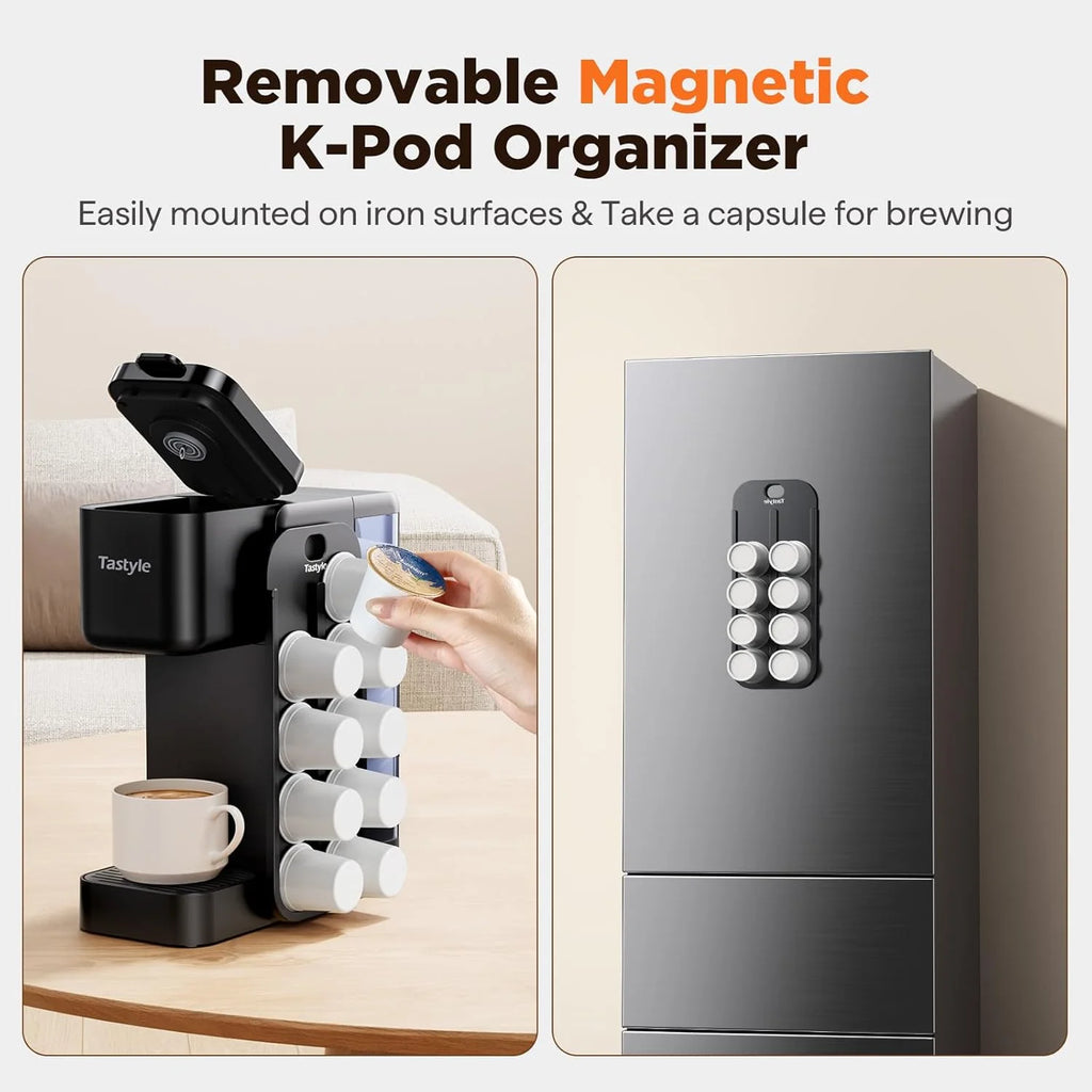 Hot & Iced Coffee Maker with Magnetic Organizer (Pods Not Included), Stores 10 Pods, 4-5 Cups Coffee Maker & Single-serve Brewer for K Cup & Grounds, 40oz Removable Water Tank