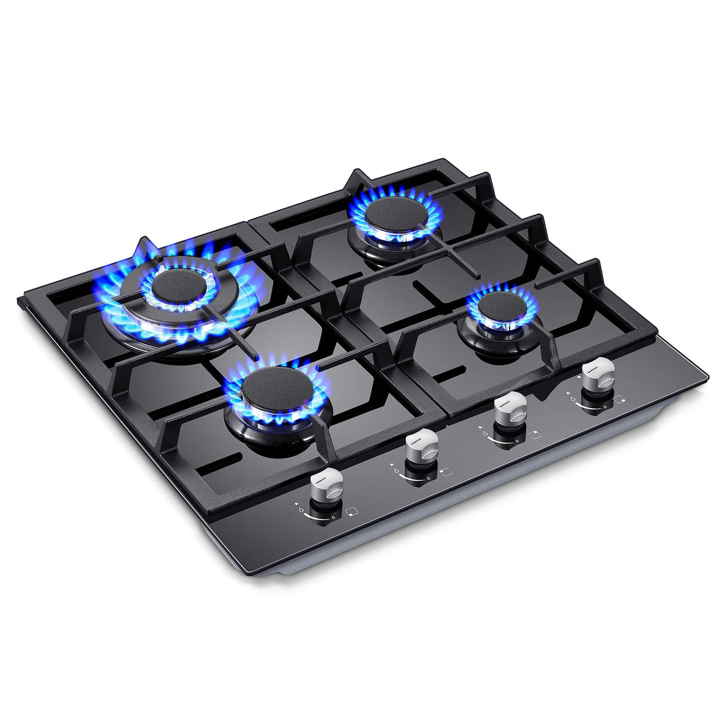 Amzgachfktch 4 Burners 24 inch Gas Cooktop Stainless Tempered Glass Natural Gas/LPG Convertible