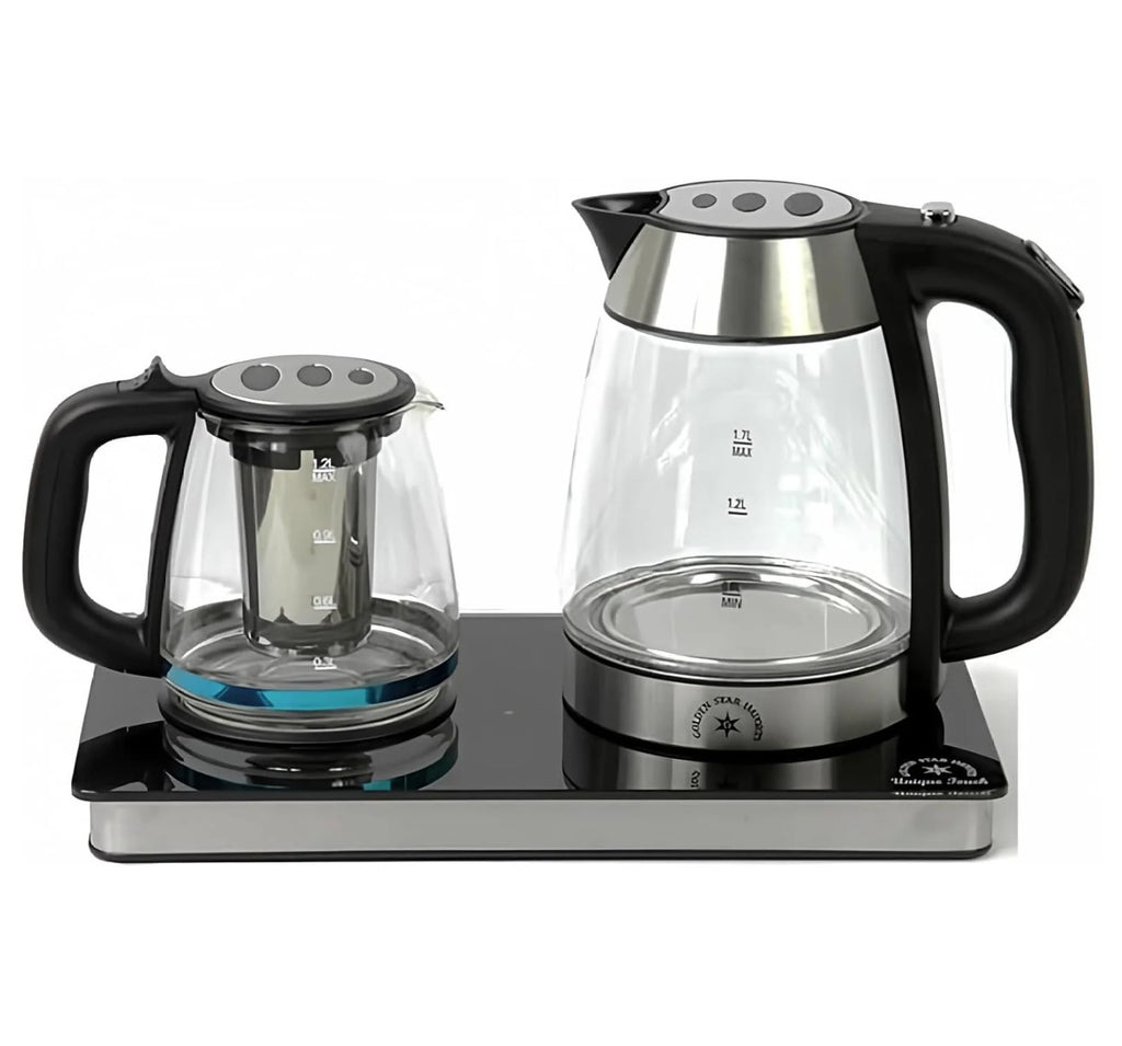 Electric Tea Maker Samovar, 1.7L Glass Kettle & 1.2L Teapot Set - Stainless Steel, Cordless, Keep Warm, 360° Swivel, Auto Shut-Off, LED Indicator
