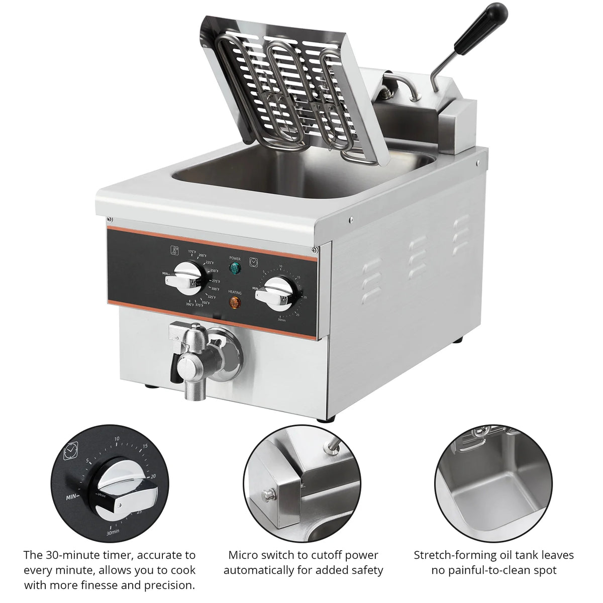 Aoile 6.3 Qt Commercial Electric Deep Fryer with Basket, Timer & Drain, Countertop Oil Fryer in Stainless Steel