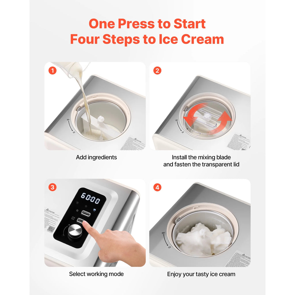 KFFKFF Automatic Ice Cream Maker with Built-in Compressor, 2-Quart Capacity, Stainless Steel Electric Gelato and Sorbet Machine, 3 Modes for Home Use