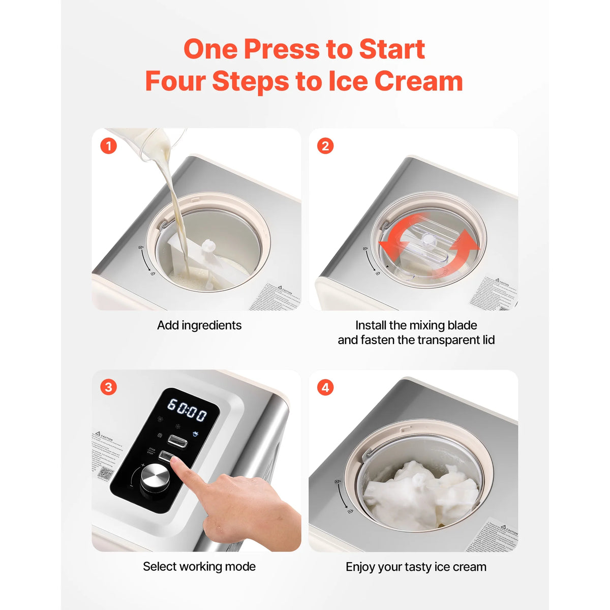 KFFKFF Automatic Ice Cream Maker with Built-in Compressor, 2-Quart Capacity, Stainless Steel Electric Gelato and Sorbet Machine, 3 Modes for Home Use