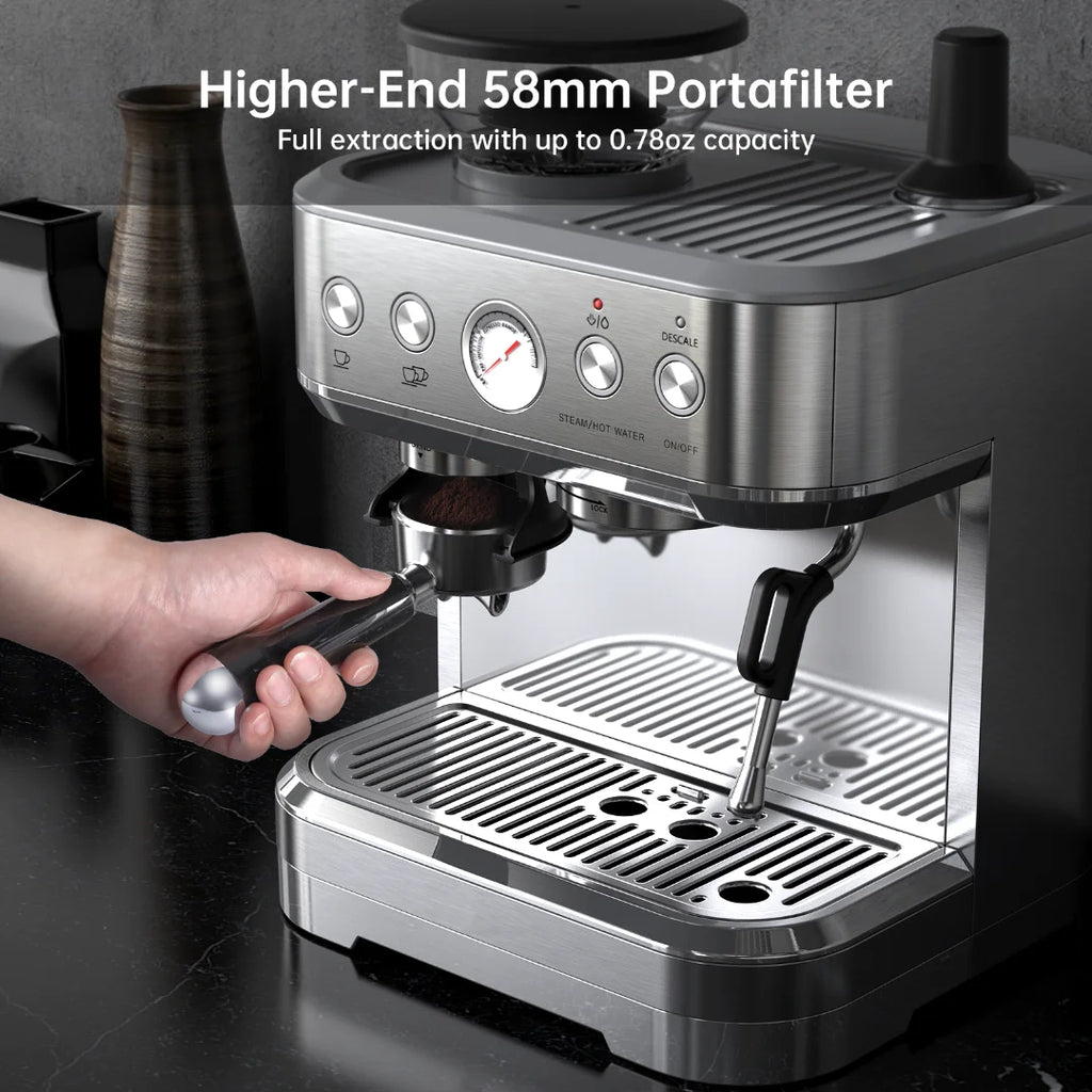 Espresso Machine with Milk Frother and Grinder, 2.5L Water Tank, Brushed Stainless Steel