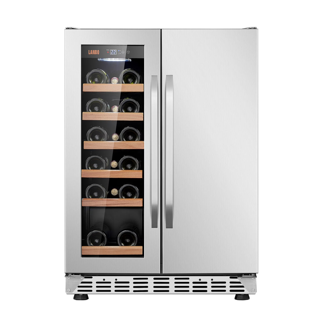 Lanbo 24 inch Dual Zone 18 Bottle Wine and 55 Can Beverage Cooler with French Door