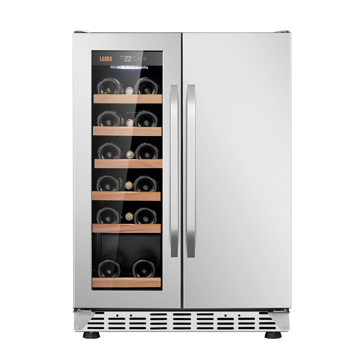 Lanbo 24 inch Dual Zone 18 Bottle Wine and 55 Can Beverage Cooler with French Door