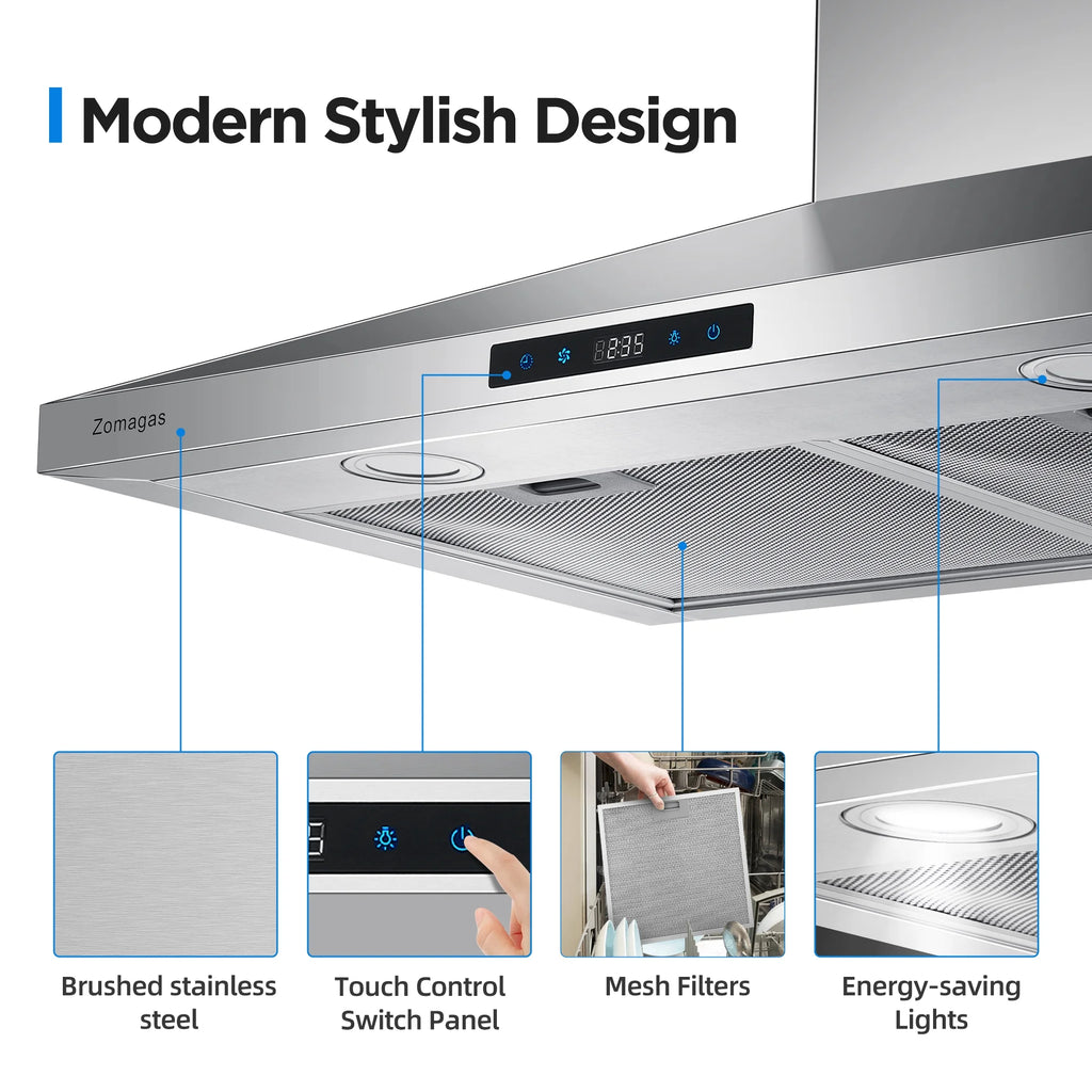 "Joeaonz 30"" Wall Mount Range Hood 450CFM Stainless Steel Kitchen Exhaust Vent with 3-Speed Filters, LED Lights"