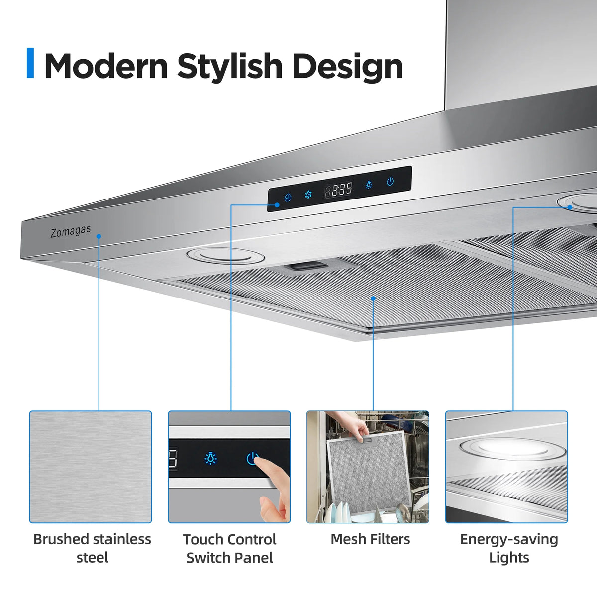 "Joeaonz 30"" Wall Mount Range Hood 450CFM Stainless Steel Kitchen Exhaust Vent with 3-Speed Filters, LED Lights"