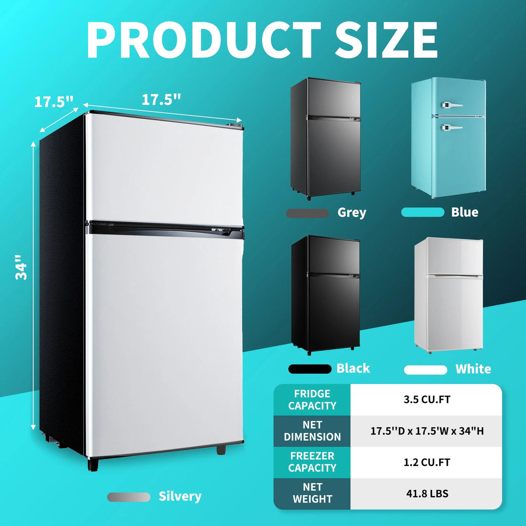 CALLIEVER Compact Mini Fridge with Freezer, 3.5 Cu.Ft 2-Door Refrigerator �C Ideal for Dorm, Office, Bedroom �C 7 Temp Settings, Adjustable Shelves,Silver