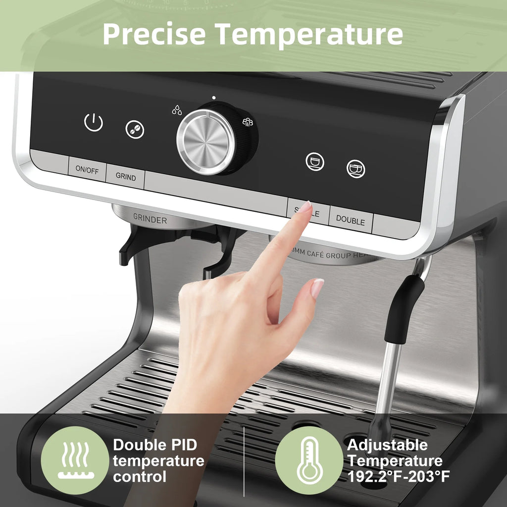 COZONY Espresso Machine 15 Bar, 2.5 L Water Tank, Semi Automatic Coffee Maker with Grinder, Milk Frother/Steam Wand, Italian Pump, All-in-One Espresso Machine, Stainless Steel, Silver