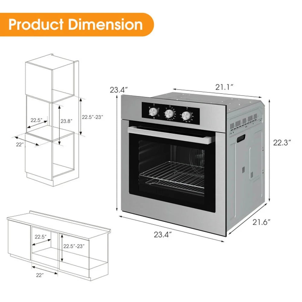 Demifill 24 Inch Single Wall Oven 2.47Cu.ft with 5 Cooking Modes and 360° Hot Air Circulation, Single Wall Oven, Well-made Built-in Oven with 3-layer Tempered Glass for Indoor as Kitchen, Silver