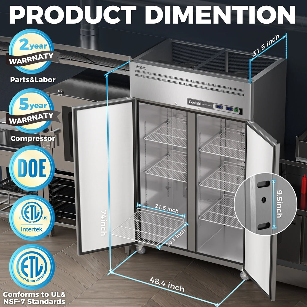 "COOLSKI 48"" Upright Refrigerator Freezer Combo, 36 Cu.ft 2-Door Cooling Appliance for Restaurants"