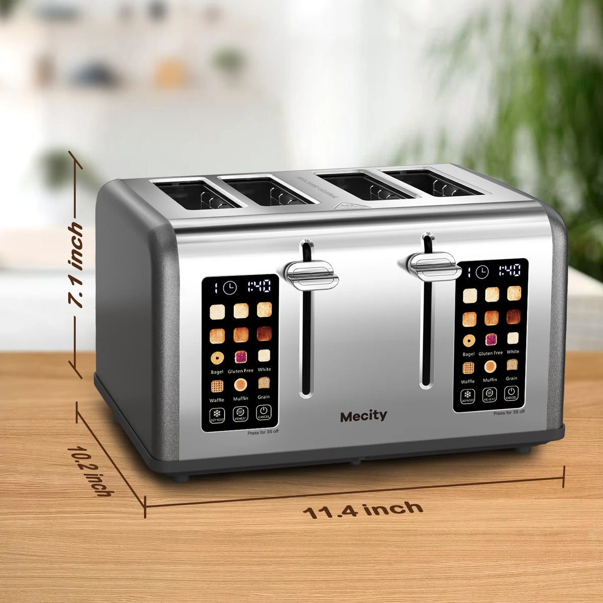 Mecity 4-Slice Touchscreen Toaster, Stainless Steel, 6 Browning Settings, Reheat, Cancel, Defrost, Removable Tray