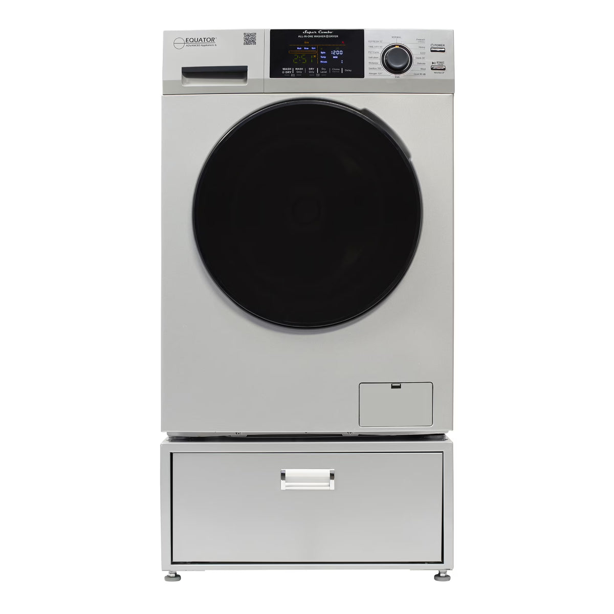Equator All-in-One Washer Dryer VENTED-DRY 30% FASTER than Condense 15lb 110V with pedestal, Adjustable legs and Sanitize Cycle