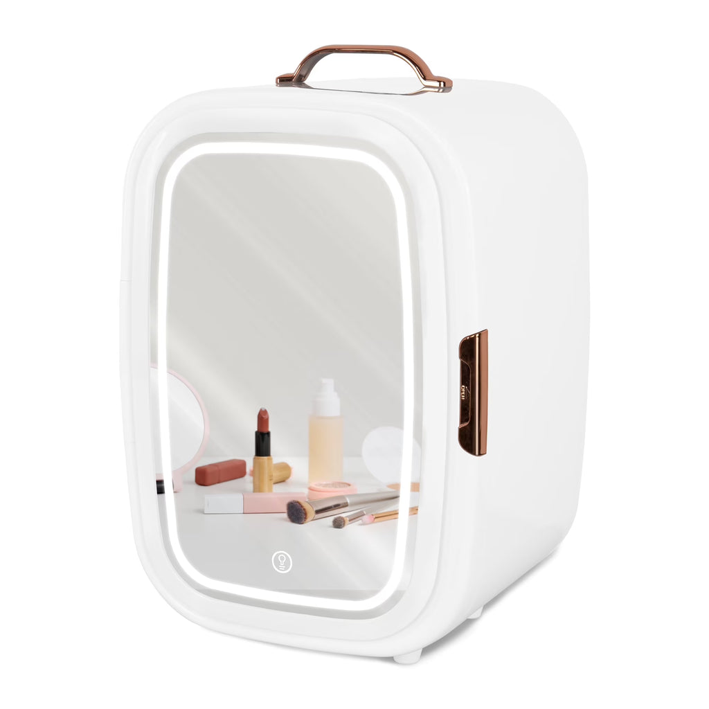 Dimmable LED Light Mirror Fridge - 20L Makeup Mini Fridge For Cosmetics, Skin Care, And Food - White