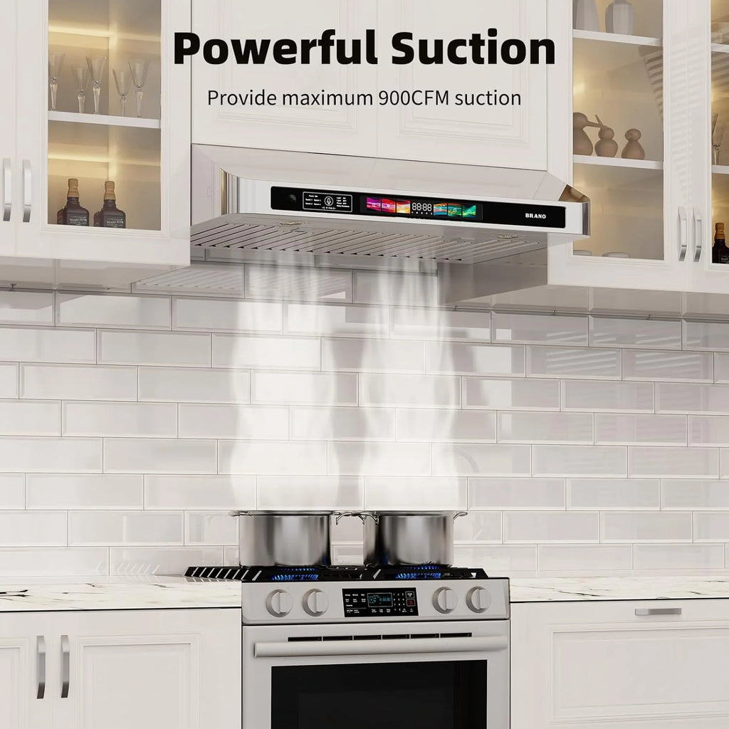 30 Inch Under Cabinet Range Hood with Voice/Gesture/Touch Control, 900 CFM Kitchen Vent Hood with 4-Speed Exhaust Fan, Stainless Steel Stove Hood with LED Lights, Baffle Filters