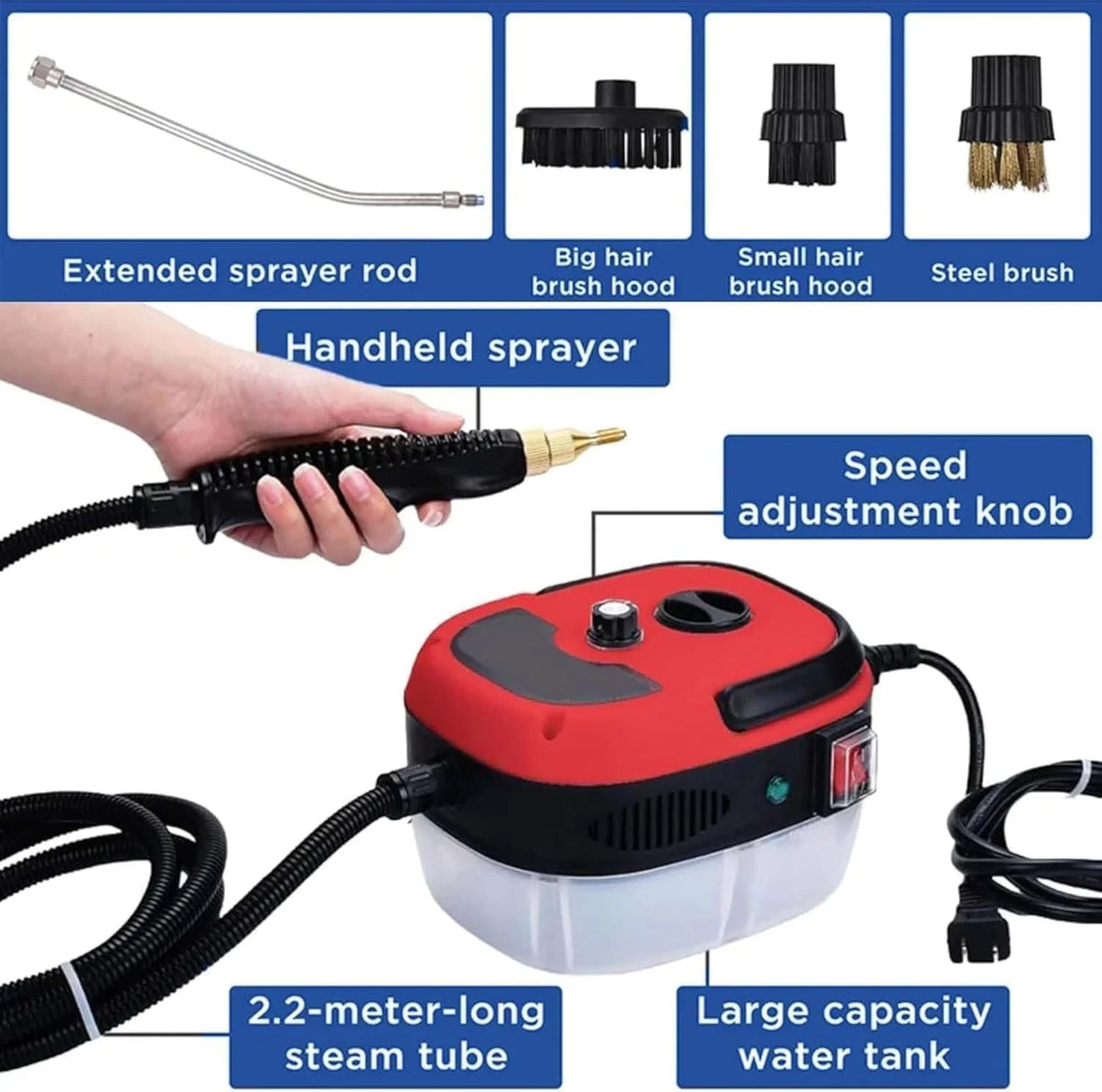 Versora Pro Car Steam Cleaner 2500w High-Temp Portable Machine, 6 Speeds Adjustable, With 3 Different Brush Heads, 1l Large Water Tank, For Home, Auto Detailing (Blue)