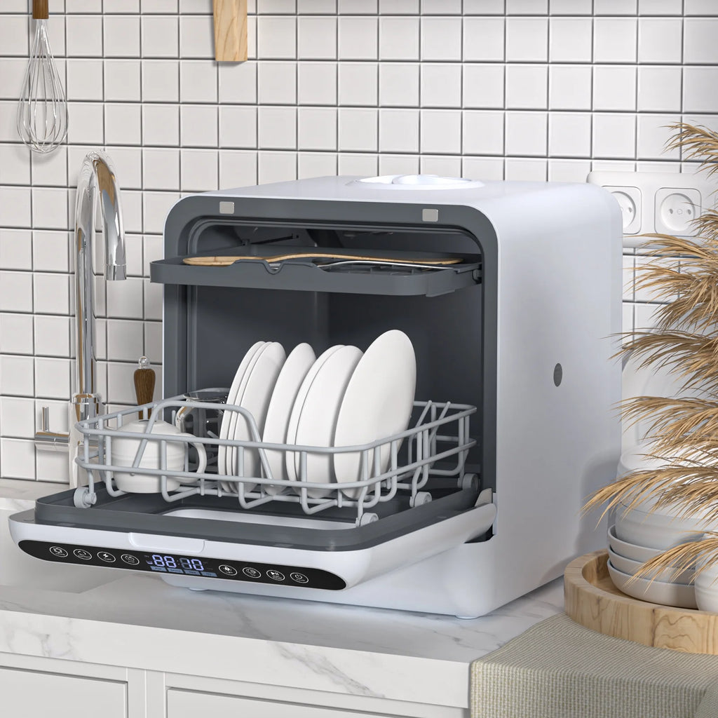 Happydeer Portable Countertop Dishwasher with 5L Water Tank, Automatic Smart Countertop Dishwasher, Mini Dishwasher with 5 Place Settings, 2-Tier Rack, 3-Spray Arm, Air-Dry Function